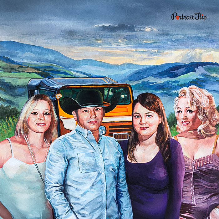 Pastel family portrait with a truck backdrop